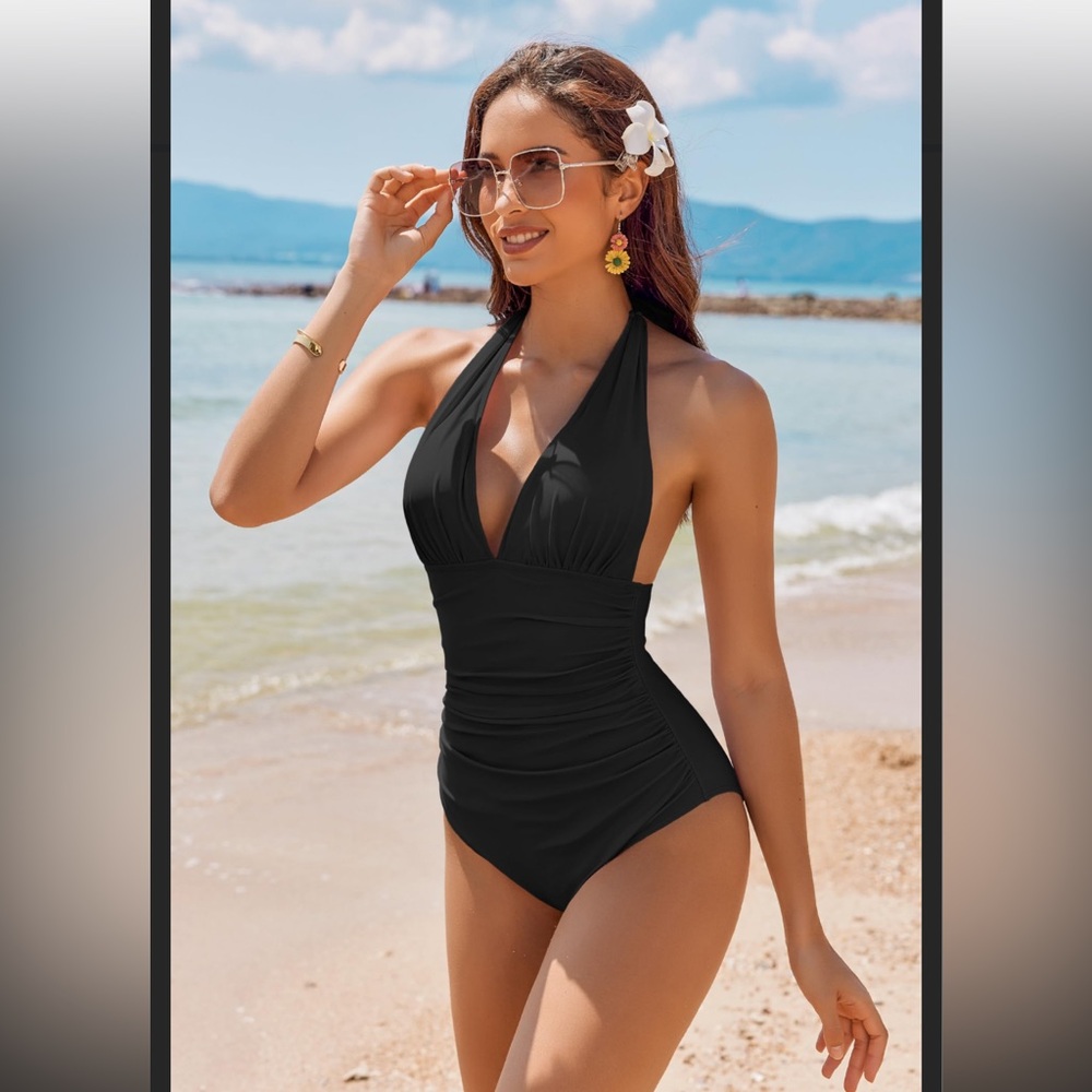 AI'MAGE Womens Halter One Piece Swimsuits Deep V Neck Tummy Control Black XL NWT - Picture 4 of 16